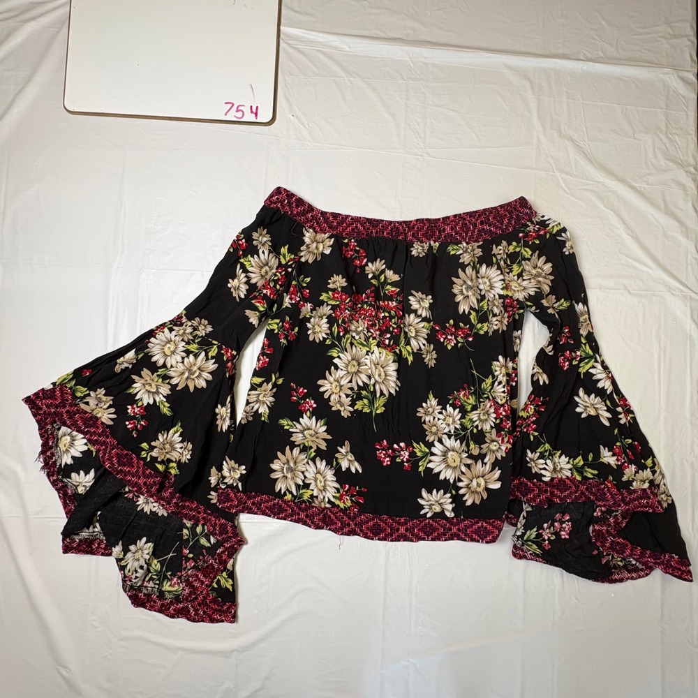 Umgee Womens Off the Shoulder Floral Bell Sleeve Boho Blouse Black Red C0376‎ S